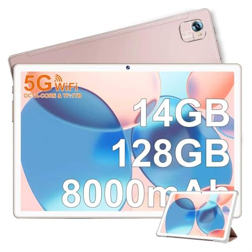 Image of Tablet 10 Inch Android with Octa-Core 2.0 GHz, Tablet 14GB RAM 128GB ROM TF 2TB Expand, 8000mAh Battery, Gemini AI, 5MP + 8MP Camera, 5G WiFi6, Bluetooth 5.0, 1280 * 800 FHD IPS Screen with Case, Gold