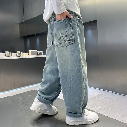 Boy's Baggy Jeans Y2K Wide Leg Straight Denim Pants Kids Casual Elastic Waist Loose Trousers Pockets Streetwear 4-14T2