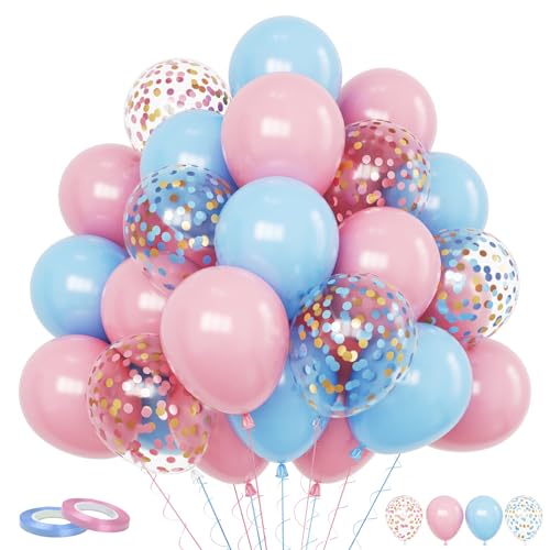 Image of Funhot Pink and Blue Balloon Set, 60PCS Gender Reveal Balloons, 12Inch Pastel Pink Blue Latex Balloons Confetti Balloons for Boys or Girls Birthday Baby Shower Wedding Gender Reveal Party Decorations