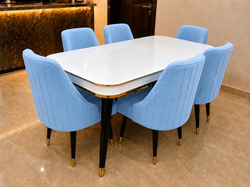 Image of WOODEN SPACE 6-Seater Wooden Dining Table Set | Nano Composite Marble Top | Solid Wood Base | Modern Dining Room Furniture with 6 Chairs (Sky Blue Infinity Backline)