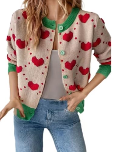 Womens Heart Pattern Cardigan Sweater Beige with Red Hearts Green Trim Button Front Valentines Day Style (US Alpha X-Large Regular Regular Green)