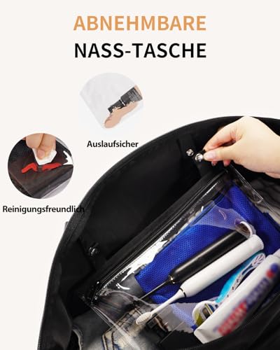 ECOHUB 30L Reisetasche Handgepäck Groß, für Easyjet Handgepäck 45x36x20, Faltbare Handgepäck Tasche für Flugzeug, Sporttasche mit Abnehmbar Nass-Tasche, Weekender Damen Herren(Schwarz)