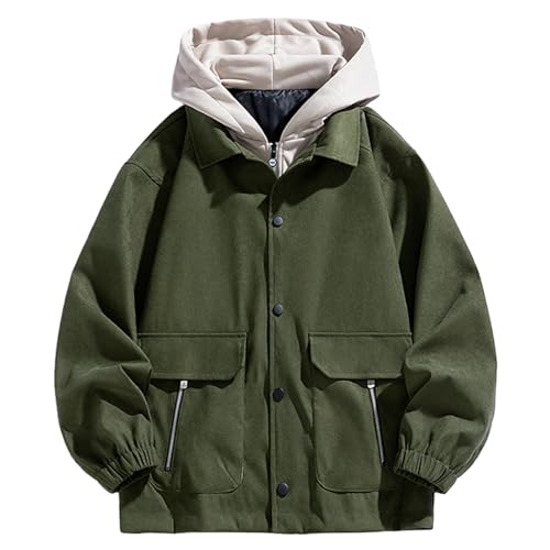 Men Hoodies Fall Casual Button Down Long Sleeve Hooded Jacket Plus Size Color Block Combat Work Tactical Sweatshirt