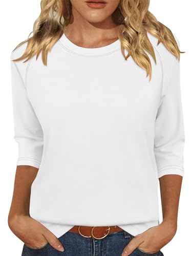 KISSMODA Tunic Tops for Women Loose Fit Dressy Round Neck Pleated 3/4 Length Sleeve Spring Tops