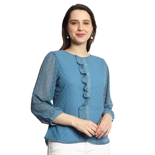 Image of PRETTIFY Women's Regular Fit Solid Embroidery Georgette Waist Length, 3 /4 Sheer Sleeve, Round Neck Casual Wear Western Shirt Top for College /Office Girls