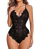 Avidlove Teddy Lingerie for Women Lace Bodysuit Snap Crotch Sexy V Neck One Piece Lingerie (Double Layers - Black, XL)
