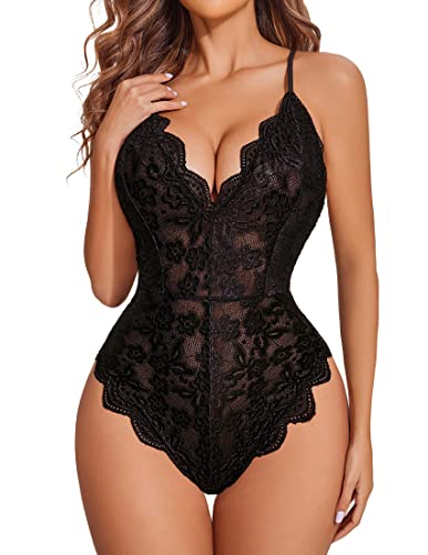 Avidlove Teddy Lingerie for Women Lace Bodysuit Snap Crotch Sexy V Neck One Piece Lingerie (Double Layers - Black, M)