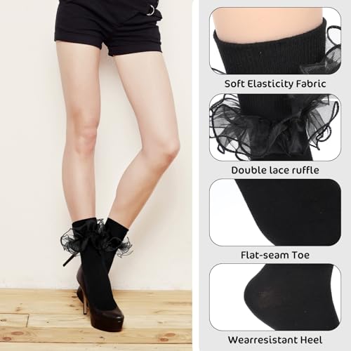 3 pairs Women Big Ruffle Ankle Socks, Double Lace with Bows Turn Cuff Cotton Frilly Dress Socks Cute Cotton Lace Frilly Sock for Ladies3