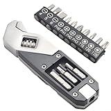 Verstellbarer Schraubenschlüssel mit Torx- und Kreuzschraubendreher-Bits, multifunktionales faltbares Werkzeug für Outdoor-Camping, 11,6 cm Edelstahl-Taschenschlüssel für