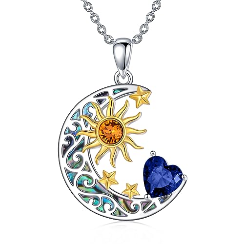 AOBOCO 925 Sterling Silver Sun and Moon Star Pendant Necklace with Simulated Birthstone, Birthday Christmas Jewelry Gift for Women Teen Girls