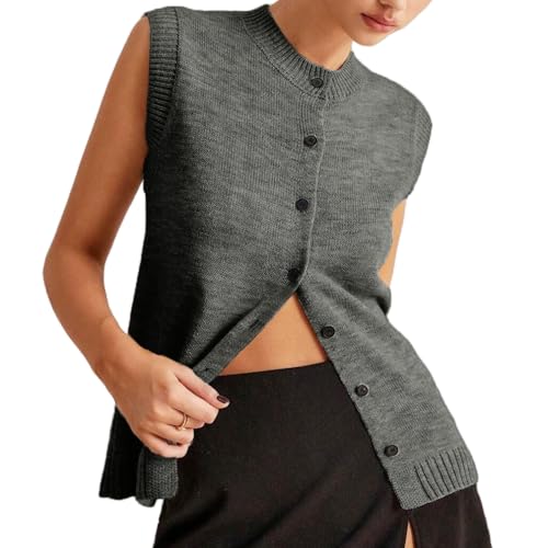 Image of Women Button Down Knit Sweater Vest Casual Loose Fit Crew Neck Sleeveless Button Front Knitted Sweater Cardigan