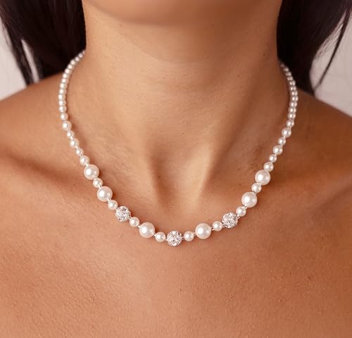 Mariell Pearl Necklace for Brides with Rhinestone Crystal Fireball Accents, 16", Bridal & Wedding Jewelry3