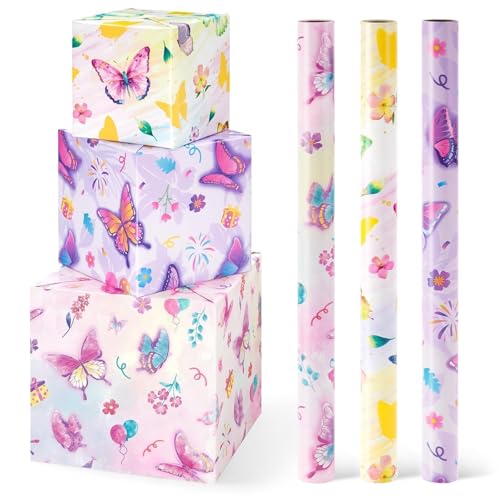 WERNNSAI Schmetterlings Geschenkpapier – 3 Rollen Schmetterlings Geburtstags Geschenkpapier Mädchen Kinder Lila Blumen Einschulung Geschenk Verpackung Schule Geburtstagsparty Deko 43cm x 3m