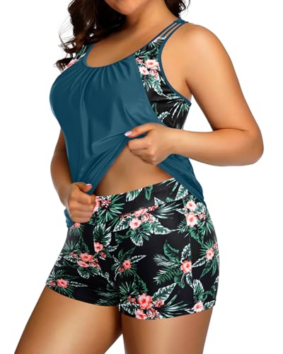 Image of Womens Plus Size Tankini Swimsuit Two Piece Tummy Control Bathing Suit | Blouson Racerback Tankini Top with Shorts, Double Up Design, Removable Pad
