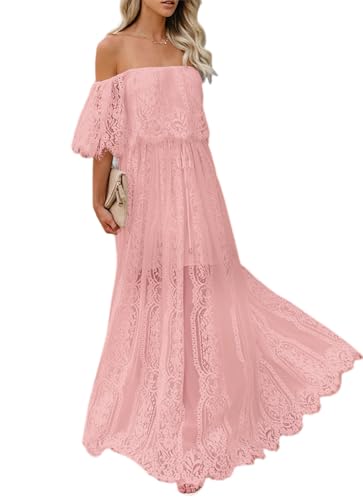 Image of HOYISHION Women's Off The Shoulder Floral Lace Maxi Dress White Bridesmaid Wedding Party Maternity Photoshoot Long Dresses