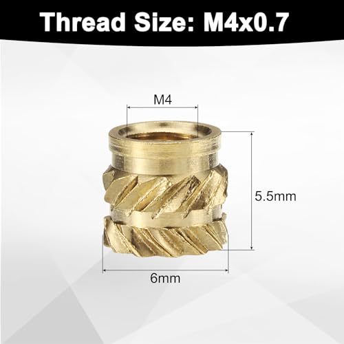 QUARKZMAN 50 Stück M4 Gewindeeinsätze Messing Heat Set Insert M4x5,5mm, OD 6mm gerändelte Einpressmuttern, 3D-Druck Messingmuttern weibliche Gewindeeinsätze Muttern