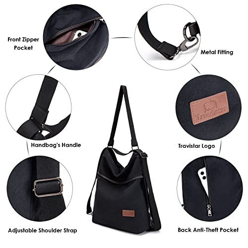 Travistar Damen Schultertasche Canvas Rucksack Groß Handtasche Vintage Umhängetasche Anti Diebstahl Hobo Tasche für Alltag Büro Schule Ausflug Einkauf - Gedruckt Schwarz