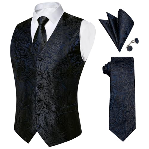 Image of DiBanGu Mens Paisley Vest Silk Sleeveless Suit Vest and Neck Tie Pocket Square Cufflinks Set for Wedding Formal