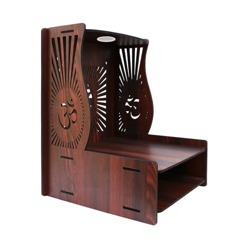 Image of Olive Tree Ethnic Wooden Pooja Mandir for Home Handcrafted Puja Stand | Wall Mounted with LED Spot Light | Mandapam, Pooja Ghar, Temple Office Decor - Walnut Size 12X12X16 Inch 1005