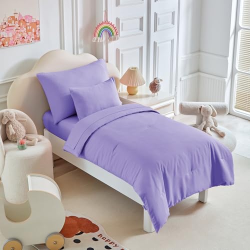 Image of Kids Comforter Sheet Set - Soft and Breathable Bed Set Includes Quilted Comforter, Fitted Sheet, Flat Top Sheet, Pillowcase and Toddler Pillowcase for Toddler - 5 Pieces Toddler Bedding Set Purple