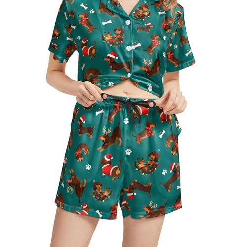 Image of Funny Pajamas for Women Set Print Satin Loungewear Pjs Short Sleeve Button Down Top and Shorts Sets Sleepwear XS-3XL