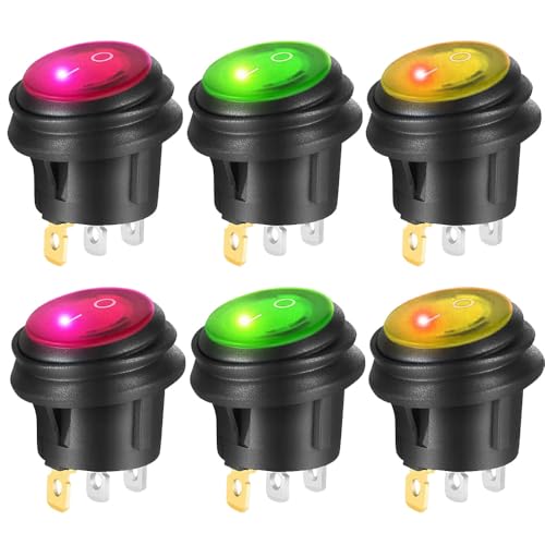 Gebildet 6pièces 12V-24VDC 20A Interrupteurs à Bascule LED Lumière, 3Pin SPST Étanche Rond Bouton de Commande Commutateur on/Off, pour Voiture Auto Bateau...