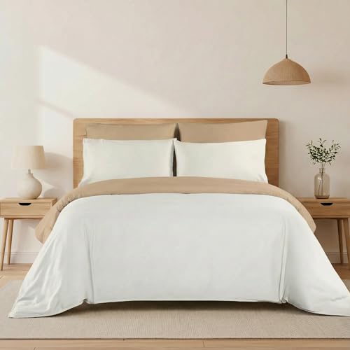 H HANSEL HOME Funda Nórdica Bicolor Cama 90 – 3 Piezas – 100% Microfibra Suave y Transpirable – Funda Edredón 150x220 cm, Bajera 90x200+30 cm, Funda Almohada 50x90 cm - Blanco Crema - Arena