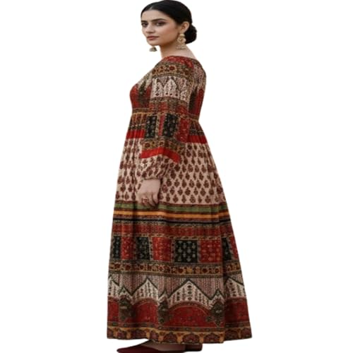 Image of Women's Cotton Dress Jaipuri Sanganeri Print Midi Long Dress Printed Fit and Flare Maxi Dress A-Line Gown Dress Maxi Skirt, Mandala (Free Size)