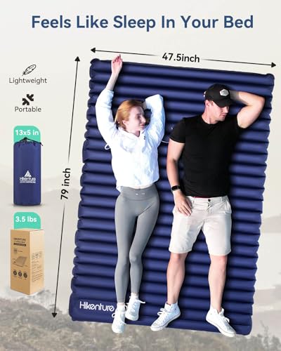 Image of Hikenture Double Sleeping Pad for Camping, Ultralight 4 inch Extra-Thick Camping Mattress 2 Person, Inflatable Backpacking Sleeping Mat, Hiking Air Mattress for Tent (Navy Footpump 79x47.5in)