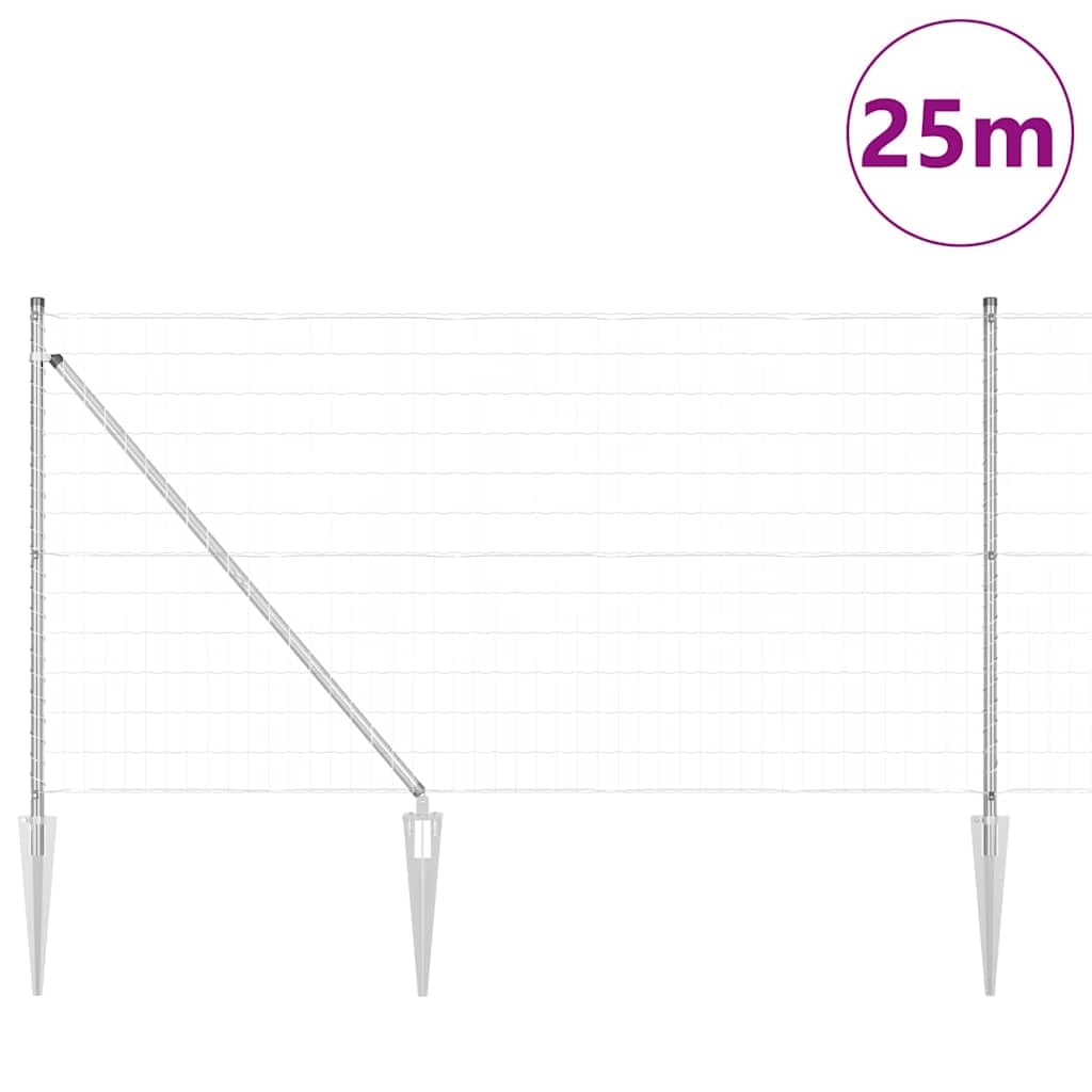 Valla europea con postes plateados, 1 x 25 m, de acero