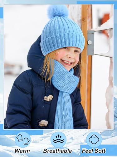 Image of JaGely 2 Sets Kids Winter Hat Gloves Scarf Set Girls and Boys Knit Hat with Pom Warm Scarf Snow Gloves for 3-10 Years Toddler