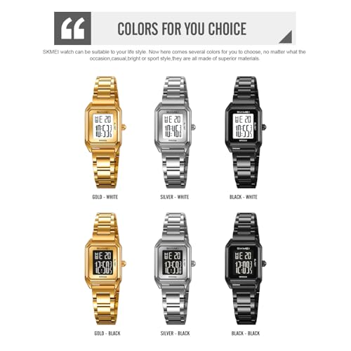 MASTOP Gold Digital Watch for Women Square Stainless Steel Waterproof LED Watch with Date, Alarm, Stopwatch, Countdown (Silver Black) by MASTOP - Used condition - Image 5