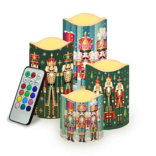 Image of Christmas Flameless LED Candles Set of 4 | Nutcracker, Xmas Battery Operated Candles with Remote Control, Electric Pillar Candles for Holiday Party Decorations