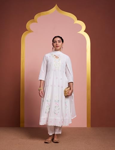 Image of Amazon Brand - Myx Women's Pure Cotton A-Line 3 piece Schiffli Suit Set (Available in Plus Sizes)