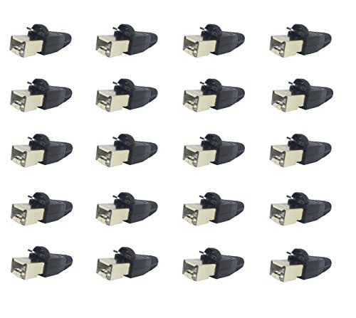 ShipeeKin 20x Afgeschermde modulaire plug RJ45 Network Ethernet Cat5e Cat5 Cat5 Cat 5e CAT6 Cat6e 8P8C UTP STP 50U Vergulde LAN-kabelconnector Crimpenden Connectors met zwarte beschermhoesjes