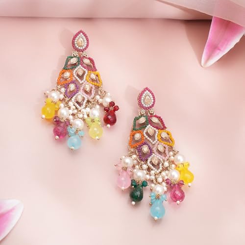 Image of Rubans Long Dangler Earrings Kundan & Pearl Ethnic Jewellery Gift for Women & Girls