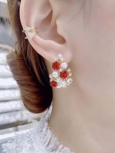 T-Miles Unique and Unique Rose Earrings with White Sparkling Crystal and Pearl, Suitable for Female Gifts3