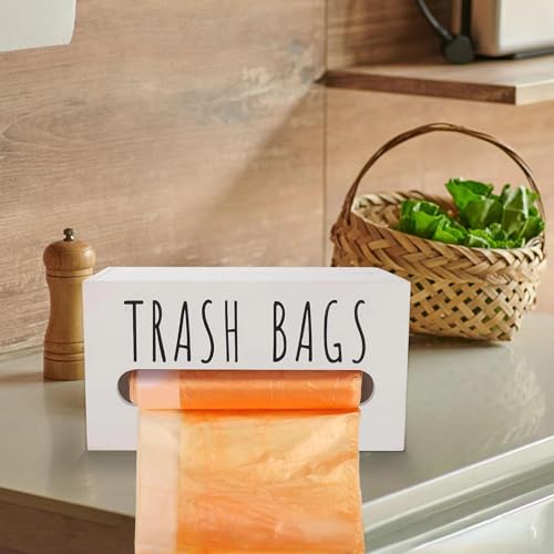Image of Trash Bag Dispenser, Wall Mount Trash Bags Holder Dispenser with Lid Wooden Kitchen Trash Bag Roll Organizer Plastic Garbage Bag Storage for Cabinet. (White)