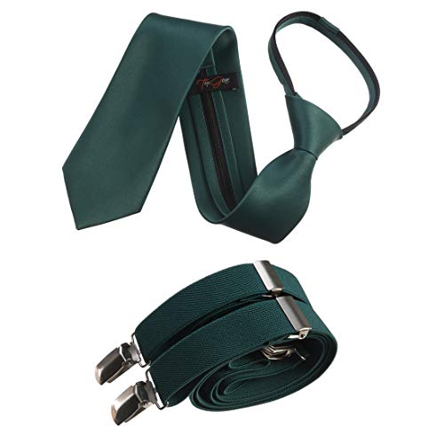Tuxgear Boys Neck Tie and Adjustable Stretch Suspender Set, Forest Green 40” Youth (Forest Green, 40