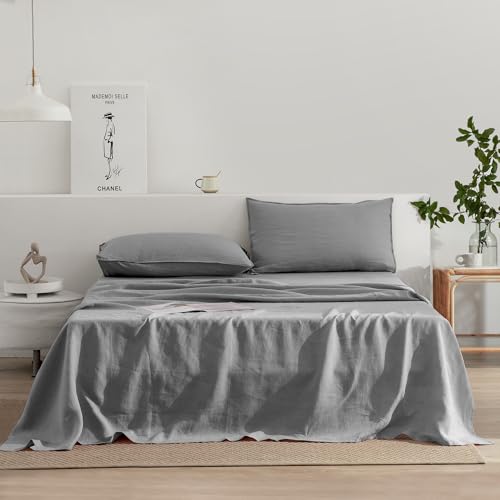 EVERLY Linen Sheets Set King Size,100% French Stonewash Pure Linen Sheets Set,4Pieces (1Flat Sheet,1Fitted Sheet,2Pillowcase) Suitable for Hot Sleepers,Deep Pocket Natural Bedding Set-Light Grey