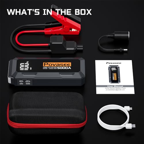 Image of 5000A Jump Starter | Povasee A40 Car Battery Jump Starter, 12V Portable Power Pack for All Gas & 10L Diesel Engines, with 3 inch LCD Display, Dual USB Output & Multi-Mode LED Light