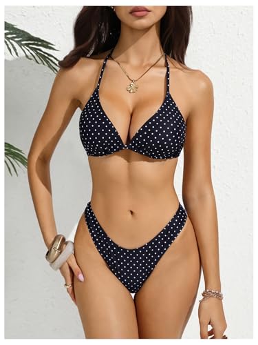 Image of Women's 4 Piece Polka Dots Bathing Suits Cover Up Skirt & Bandana | Halter Bikini Sets, Sexy Bathing Suit, Beach Skirt, Leopard, Paisley, Tropical, Summer