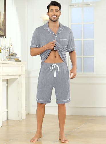 Image of Veseacky Men's Button Down Pajama Set Short Sleeve Shorts Modal Soft Sleepwear Loungewear Pjs with Pockets S-XXL