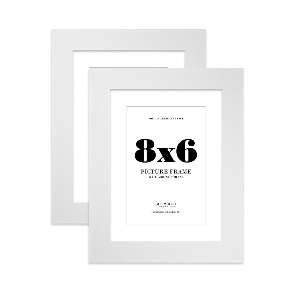 8x6" White Frame With Mount for 6x4" Pictures 28mm Edge Portrait and Landscape Display with Wall Hooks and Kickstand, 2 Pack