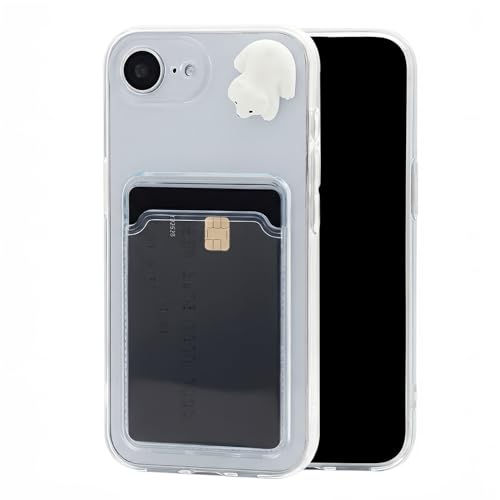 Chengyuanfeng Cover Trasparente per iPhone 16e con Porta Carte, Custodia Ultra-Sottile 1,5 mm in TPU Antigiallo Antiurto, Minimalista con 3D Orso Bianco Applicato a Mano, per Sportivi e Palestra