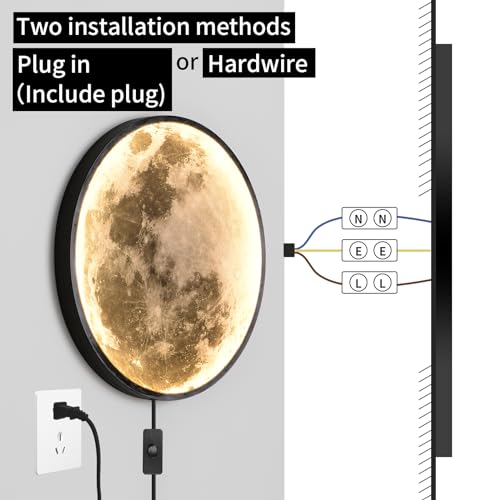 Image of QIYIMEILUX Large Moon Wall Sconce Plug in Modern LED Dimmable Wall Light with Remote Control 23.6 inch 31W Black Wall Lamp Indoor Wall Mounted Lighting Ceiling Light for Living Room Bedroom