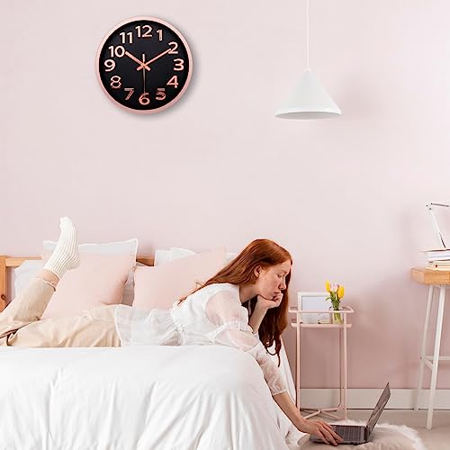 Crosstime Wall Clock Black 12\" Silent - Battery Operated Non Ticking for Bedroom Home Decor,Rose Gold