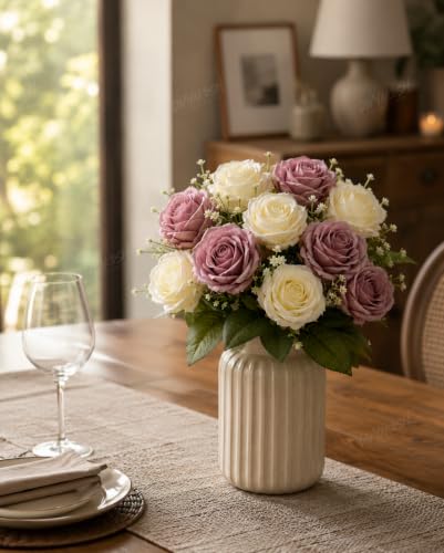 Image of Divyakosh Artificial Rose Flower Bouquet, 10 Roses (5 Dusty Mauve & 5 Ivory White) with Green Leave, Faux Floral Arrangement for Living Room, Bedroom, Office, Wedding & Home Decor (Vase Not Included)