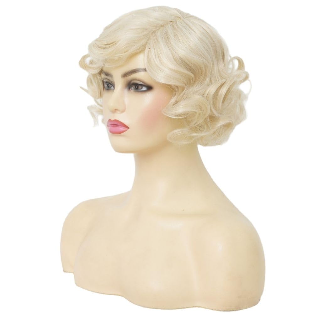 Salaibs Blonde Short Curly Wigs for Women 1920s Figer Wave Wig Synthetic Heat Resistant Fiber Cosplay Costume Halloween Hair Wig - Image 3