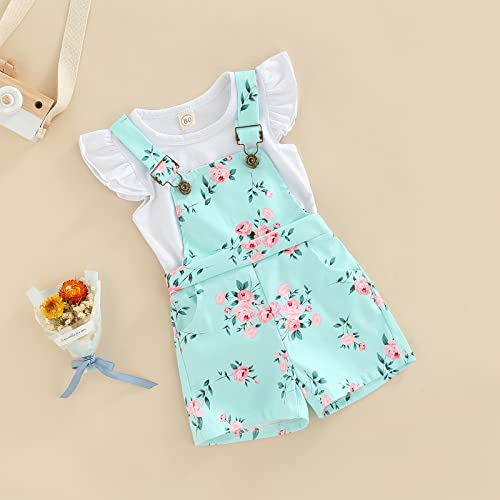 Fernvia Toddler Baby Girl Overalls Ruffle Short Sleeve Tops T-Shirt & Floral Suspender Pocket Shorts Summer Clothes Set #TOP5